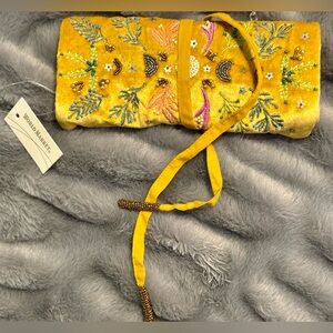 World Market Velvet Jewelry Roll Gold Beaded Embroidered Travel Organizer Clutch